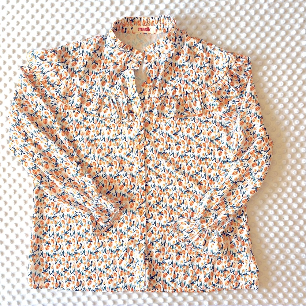 MAZIK Tulip Print Ruffled Long Sleeved Button Down size M